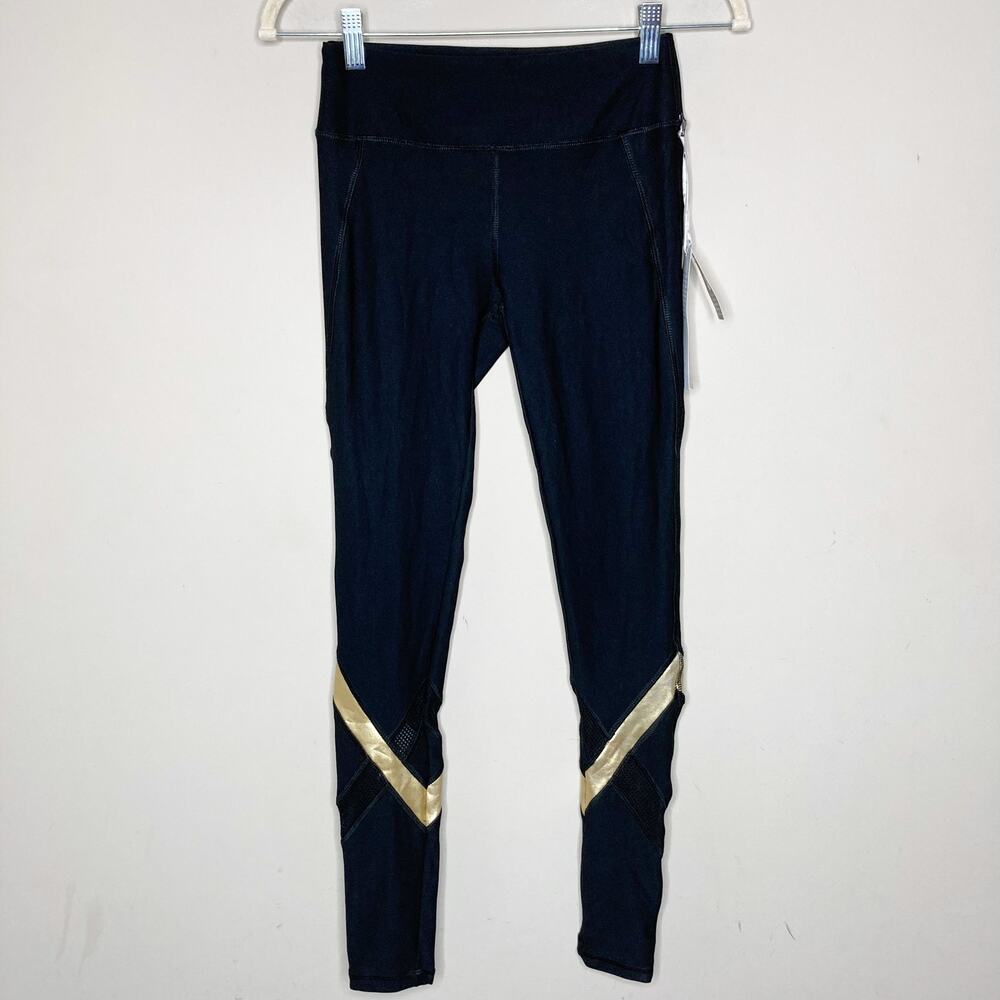 X By Gottex Black Leggings Athletic Activewear Gold Mesh Zip Pocket Womens XS